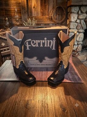 Ferrini Men’s Black and Tan Western Cowboy Boots with Embroidered Shaft